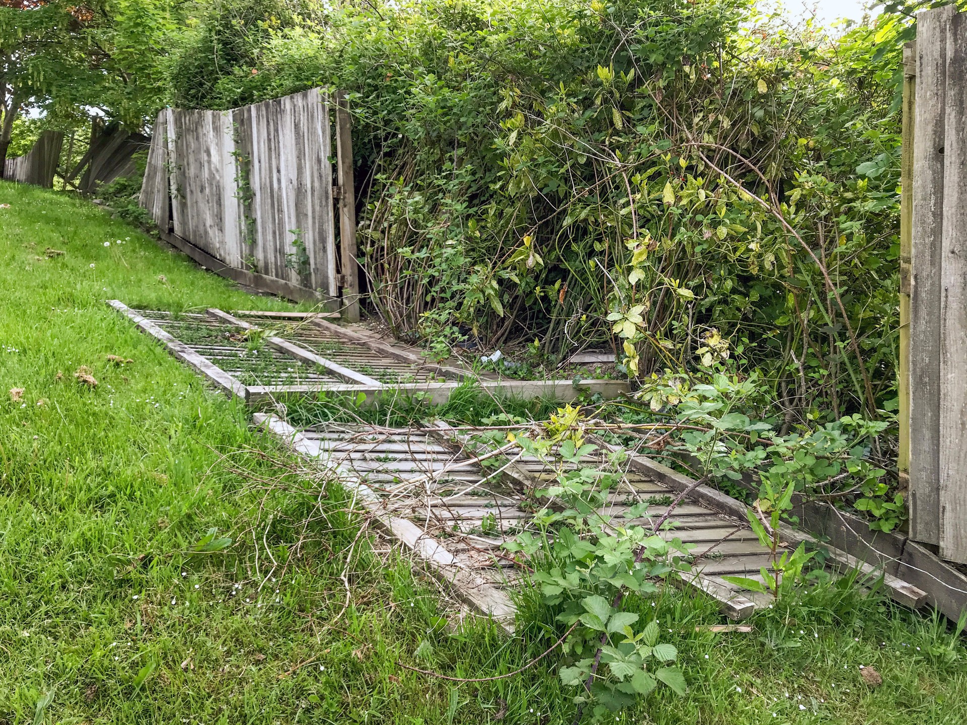 Wooden fence blown down by strong winds